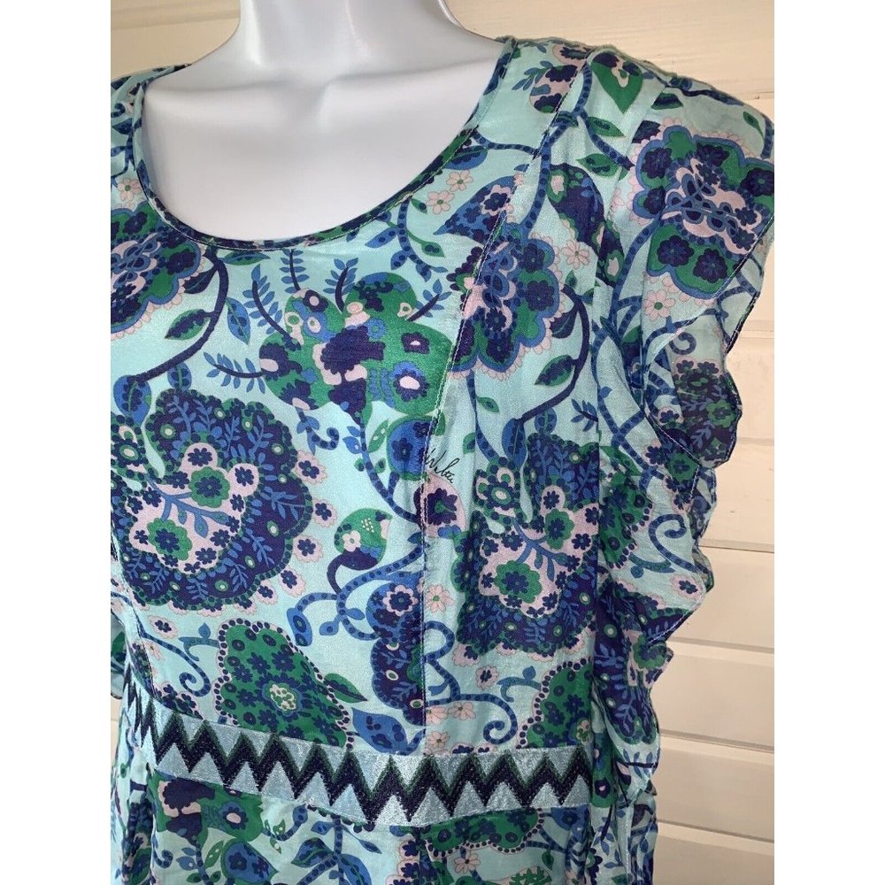 Walter Blouse Size 8 Silk Cotton Walter Baker Blue Ruffle Aqua Floral VGUC